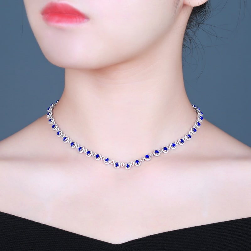 14k Gold 9.6 Ctw Vivid Blue Natural Sapphire & Diamond Necklace - 4