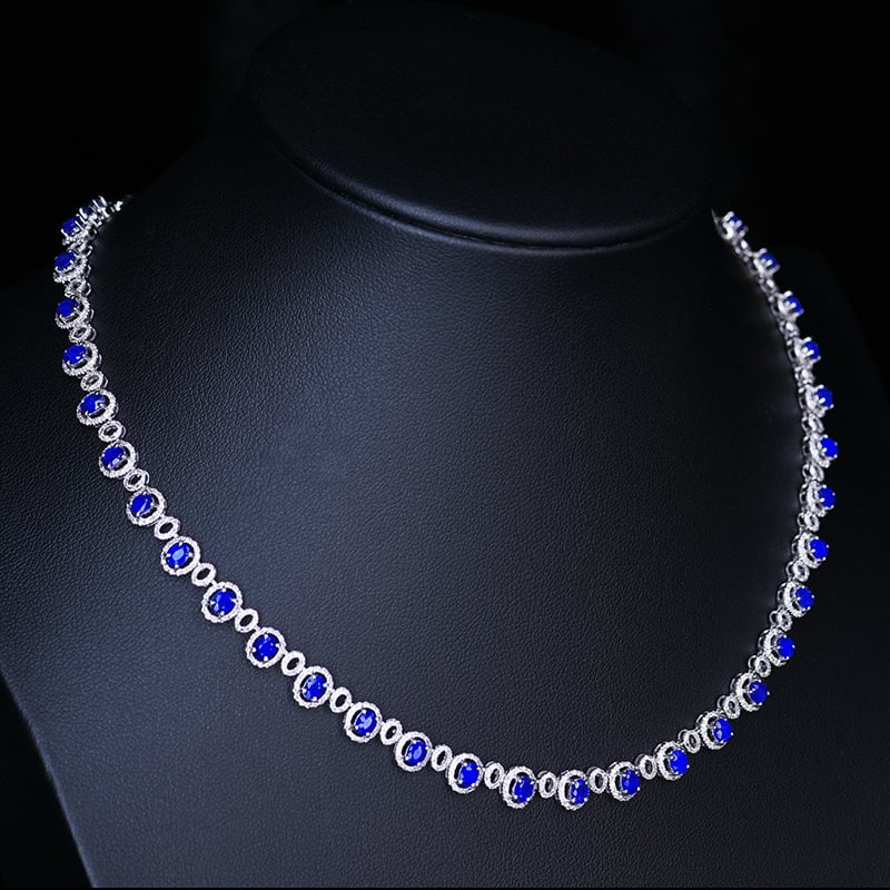 14k Gold 9.6 Ctw Vivid Blue Natural Sapphire & Diamond Necklace - 5