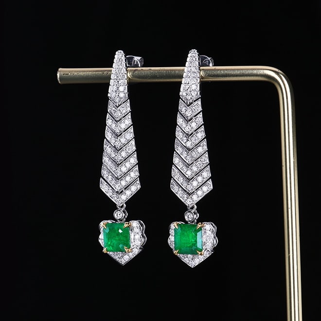 14k Gold 3.17 Ctw Vivid Green Natural Emerald & Diamond Earrings - 6