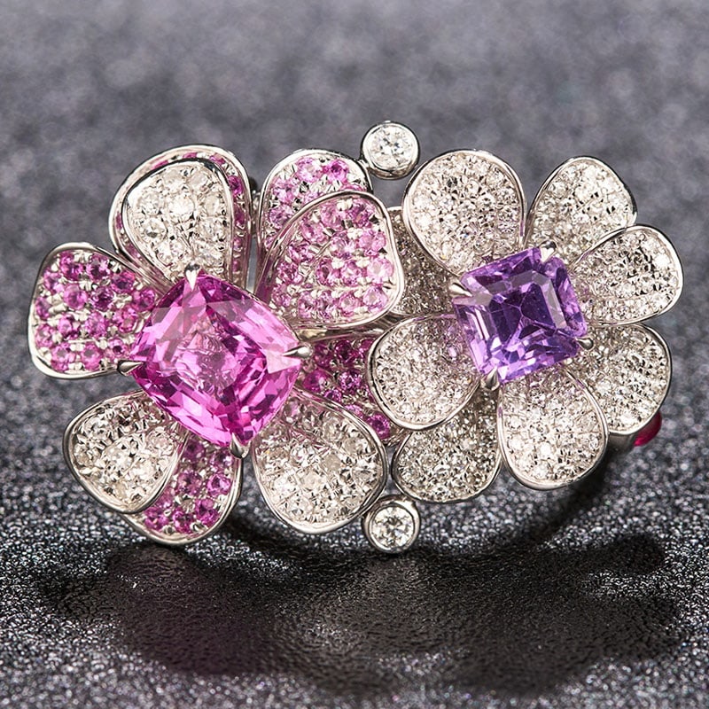 14k Gold 2.99 Ctw Natural Sapphire & Diamond & Flowers Ring/brooch/pendant( Without Chain ): Ref:230939174 // gold content:14k gold // ring size:7. 25us // // main gemstone:sapphire // number of stones:2 // shape:multiply // carat weight:2. 42ct // color:color // treatment:natural // //