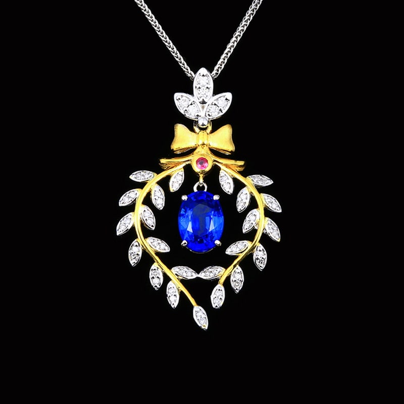14k Gold 1.61 Ctw Natural Sapphire & Diamond Pendant( Without Chain ): Ref:230939178 // gold content:14k gold // main gemstone:sapphire // shape:oval // carat weight:1. 41ct // color:cornflower blue // treatment:natural // // adjacent gemstone 2 : diamond // number of