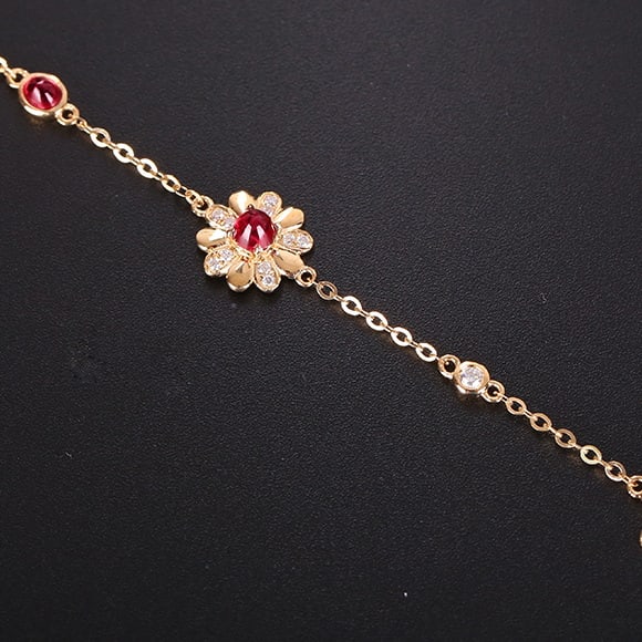 14k Gold 0.69 Ctw Natural Spinel & Diamond & Flowers Bracelet - 2