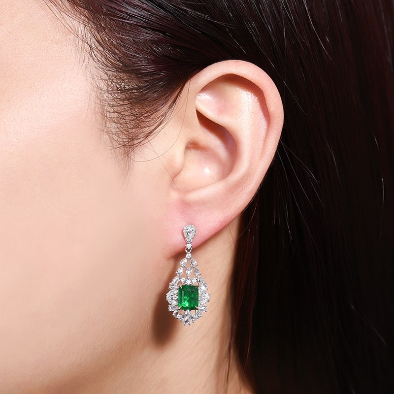 14k Gold 4.46 Ctw Vivid Green Natural Emerald & Diamond Earrings - 4
