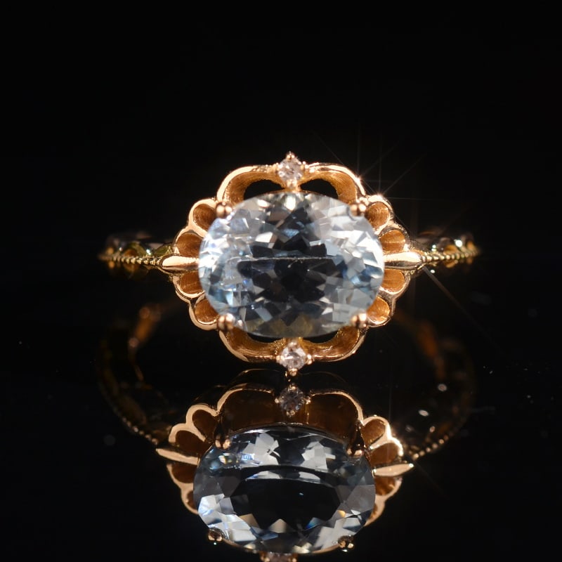 14k Gold 1.71 Ctw Natural Aquamarine & Diamond Ring: Ref:230939196 // gold content:14k gold // ring size:7. 25us // // main gemstone:aquamarine // shape:oval // carat weight:1. 70ct // color:blue // treatment:natural // // adjacent gemstone 2 :