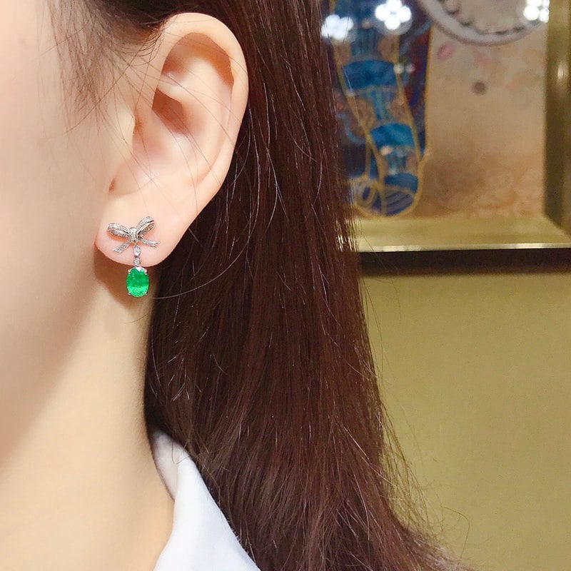 14k Gold 1.52 Ctw Vivid Green Natural Emerald & Diamond Earrings - 2