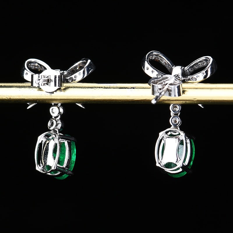 14k Gold 1.52 Ctw Vivid Green Natural Emerald & Diamond Earrings - 3