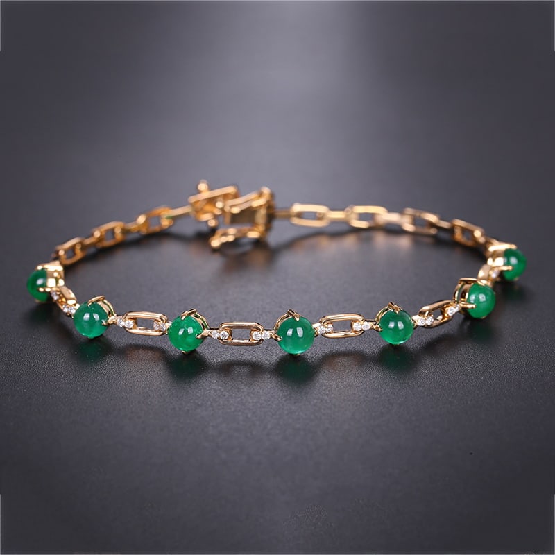 14k Gold 3.35 Ctw Natural Emerald & Diamond Bracelet: Ref:230939216 // gold content:14k gold // main gemstone:emerald // shape:round // carat weight:3ct // color:green // treatment:natural // cut grade:g // // adjacent gemstone 2 : diamond //