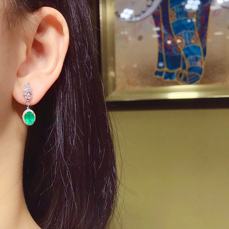 14k Gold 2.85 Ctw Vivid Green Natural Emerald & Diamond Earrings - 5