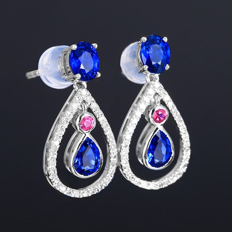 14k Gold 1.71 Ctw Natural Sapphire & Diamond Earrings - 3