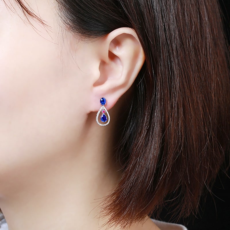 14k Gold 1.71 Ctw Natural Sapphire & Diamond Earrings - 4