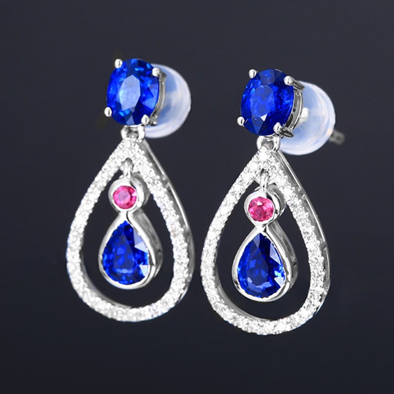 14k Gold 1.71 Ctw Natural Sapphire & Diamond Earrings - 5