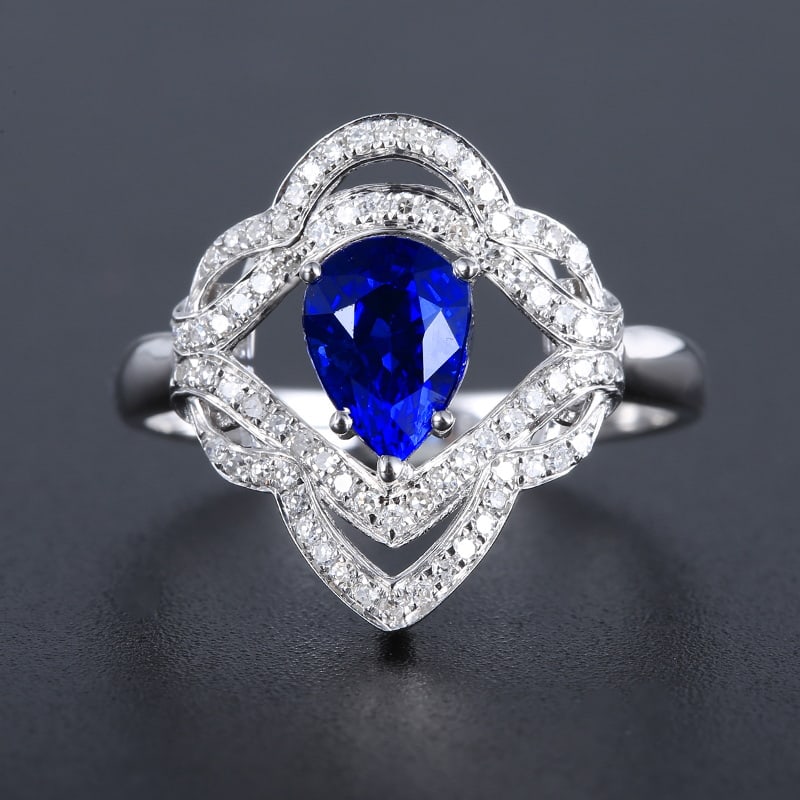 14k Gold 1.56 Ctw Natural Sapphire & Diamond Ring: Ref:230939230 // gold content:14k gold // ring size:7. 25us // // main gemstone:sapphire // shape:pear // carat weight:1. 33ct // color:royal blue // treatment:natural // // adjacent gemstone 2 :