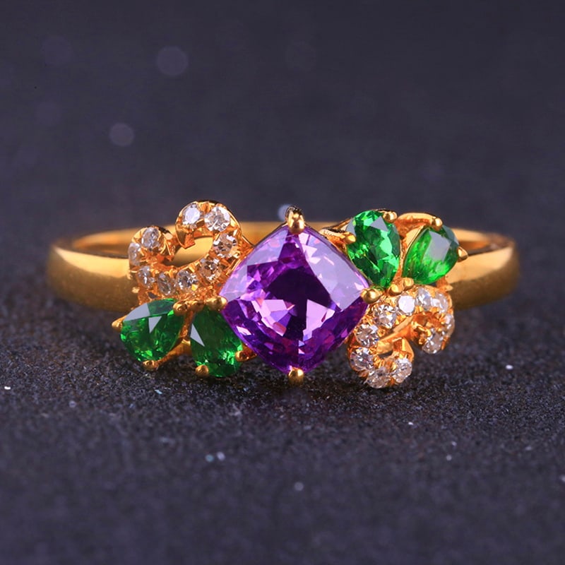 14k Gold 1.51 Ctw Natural Sapphire & Diamond Ring: Ref:230939243 // gold content:14k gold // ring size:7. 25us // // main gemstone:sapphire // shape:cushion // carat weight:1. 42ct // color:purple // treatment:natural // // adjacent gemstone 2 :