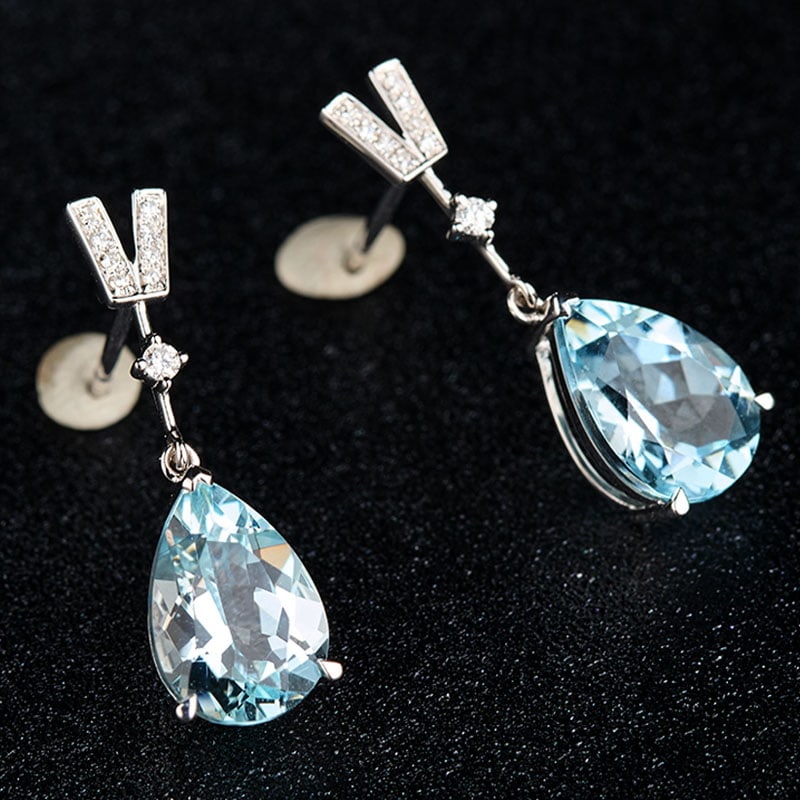 14k Gold 3.58 Ct Natural Aquamarine & Diamond Earrings - 2