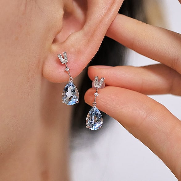 14k Gold 3.58 Ct Natural Aquamarine & Diamond Earrings - 3