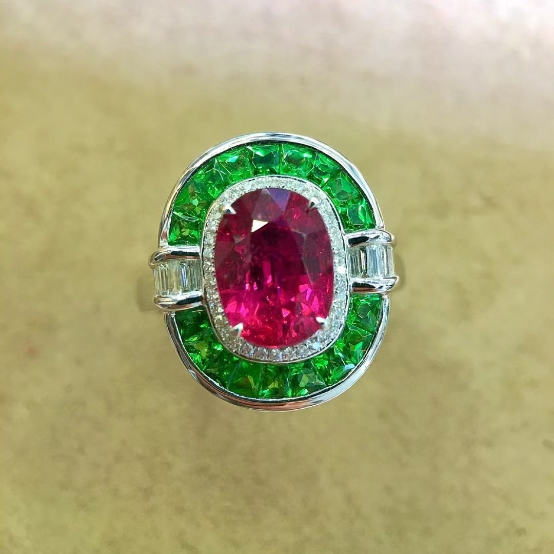 14k Gold 3.58 Ctw Natural Tourmaline & Diamond Ring: Ref:230940006 // gold content:14k gold // ring size:7. 25us // // main gemstone:tourmaline // shape:oval // carat weight:3. 21ct // color:red // treatment:natural // // adjacent gemstone 2 :