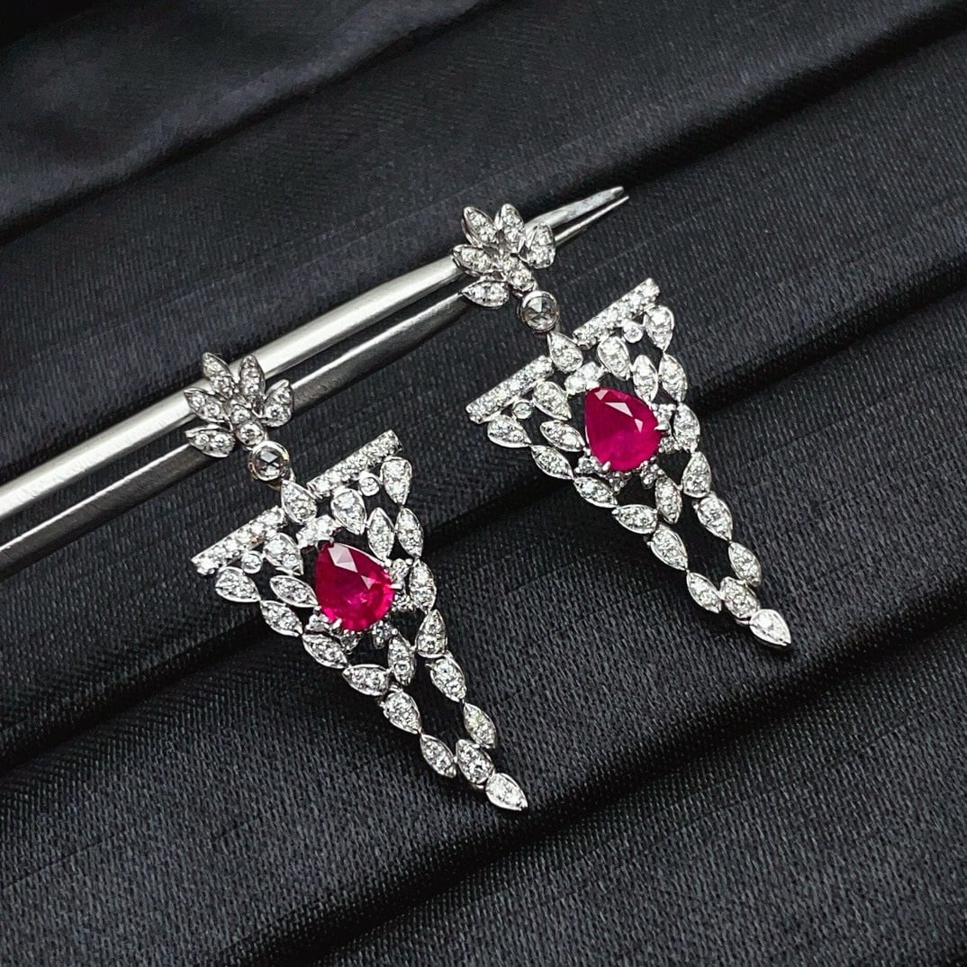 14k Gold 1.32 Ct Natural Ruby & Diamond & Sapphire Earrings - 2
