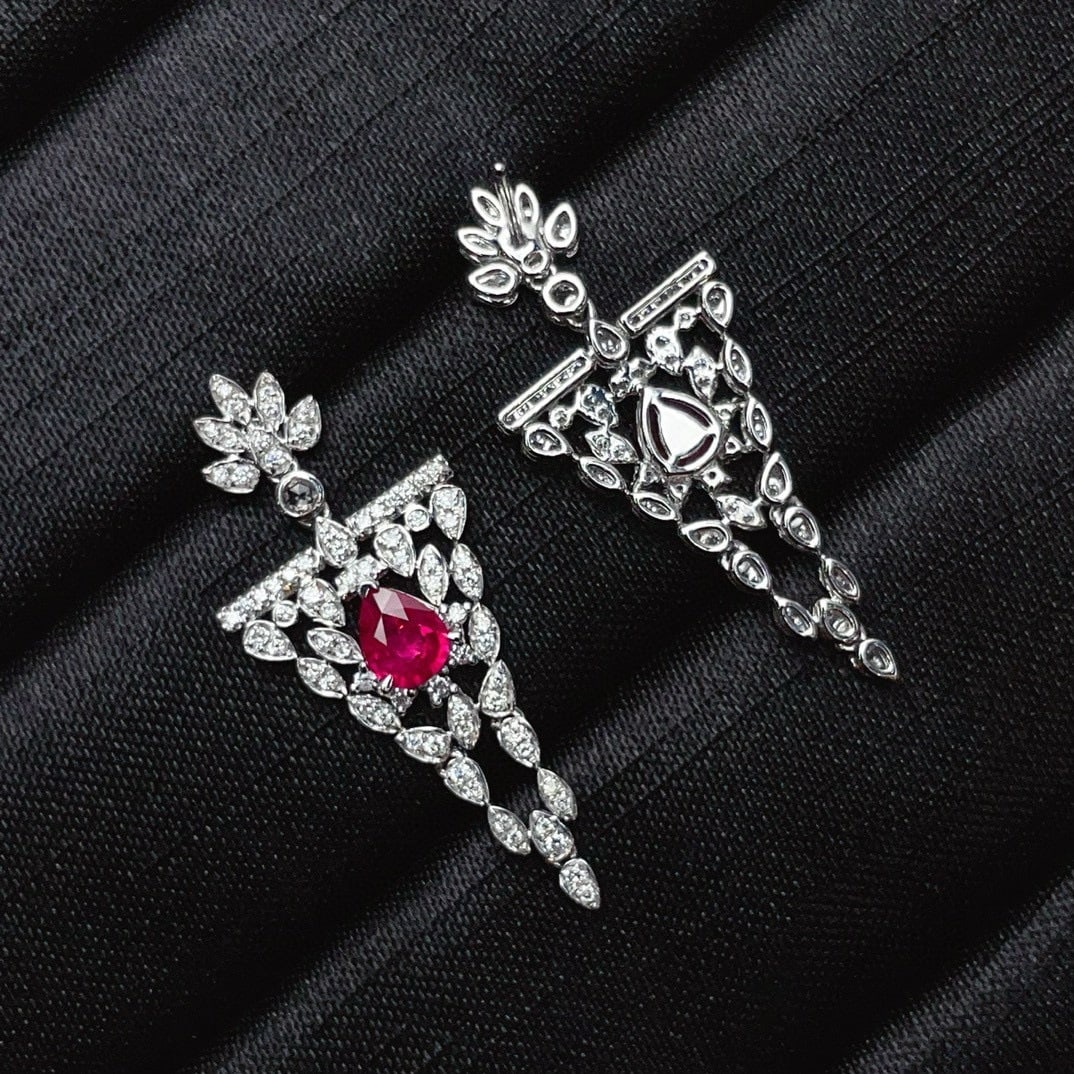 14k Gold 1.32 Ct Natural Ruby & Diamond & Sapphire Earrings - 4