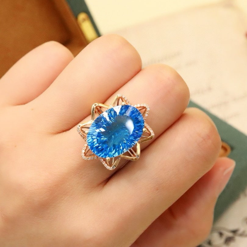 14k Gold 13.53 Ctw Natural Topaz & Diamond Ring - 6