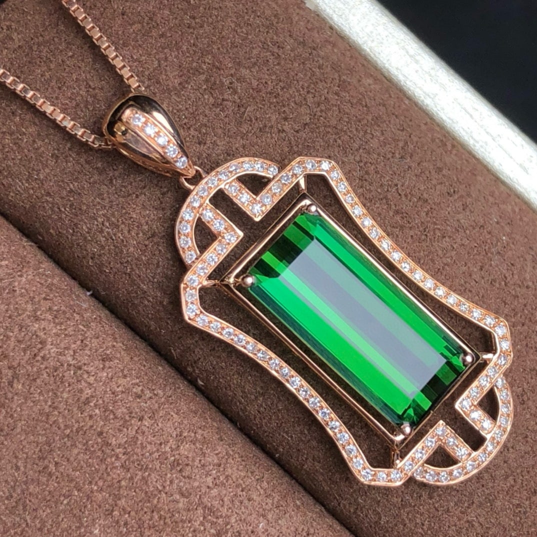 14k Gold 4.35 Ct Natural Tourmaline & Diamond Pendant( Without Chain ) - 2