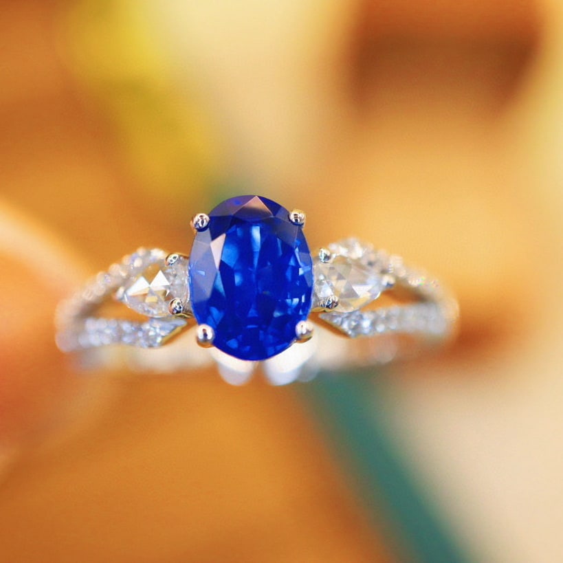 14k Gold 1.34 Ctw Natural Sapphire & Diamond Ring: Ref:230940037 // gold content:14k gold // ring size:7. 25us // // main gemstone:sapphire // shape:oval // carat weight:1. 13ct // color:royal blue // treatment:natural // // adjacent gemstone 2 :