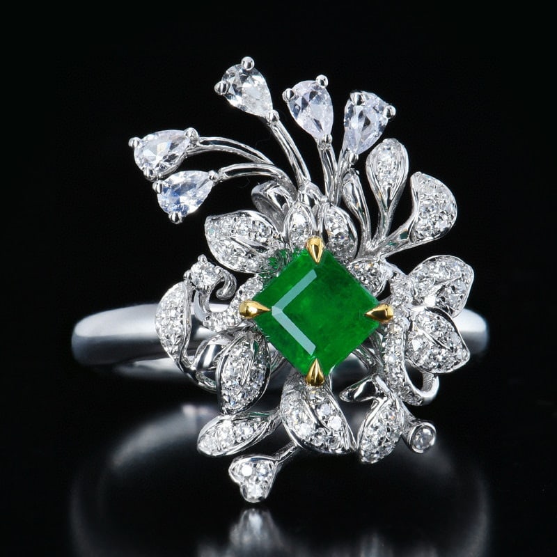 14k Gold 0.95 Ctw Vivid Green Natural Emerald & Diamond Ring - 3