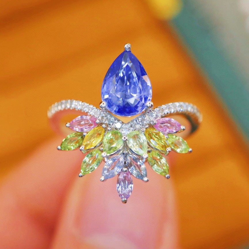 14k Gold 1.94 Ctw Natural Sapphire & Sapphire Ring: Ref:230940061 // gold content:14k gold // ring size:7. 25us // // main gemstone:sapphire // shape:pear // carat weight:1. 16ct // color:blue // treatment:natural // // adjacent gemstone 2 :