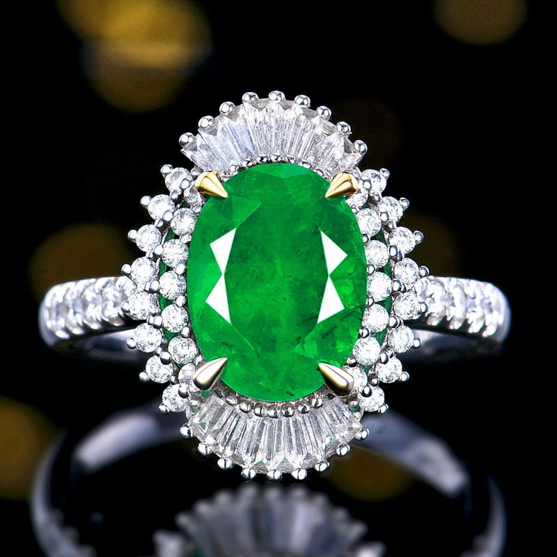 14k Gold 3.38 Ctw Vivid Green Natural Emerald & Diamond Ring: Ref:230940063 // gold content:14k gold // ring size:7. 25us // // main gemstone:emerald // shape:oval // carat weight:2. 74ct // color:vivid green // treatment:natural // // adjacent gemstone 2 :