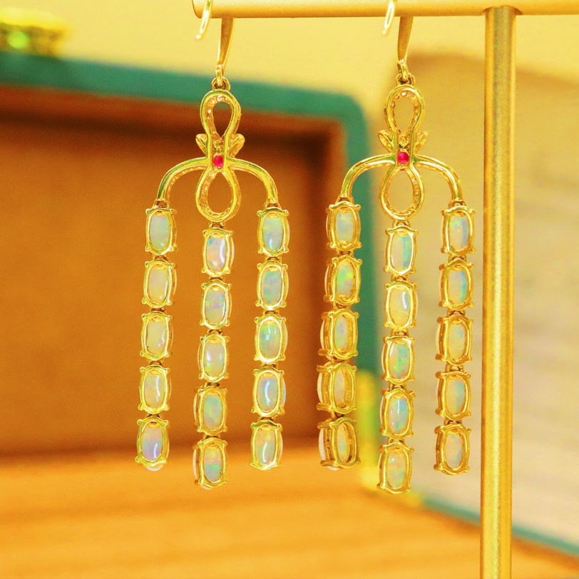 14k Gold 4.40 Ctw Natural Opal & Diamond Earrings - 2