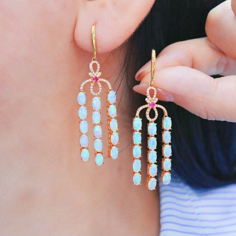 14k Gold 4.40 Ctw Natural Opal & Diamond Earrings - 3