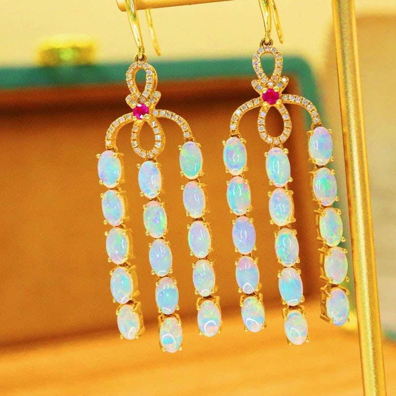 14k Gold 4.40 Ctw Natural Opal & Diamond Earrings - 4
