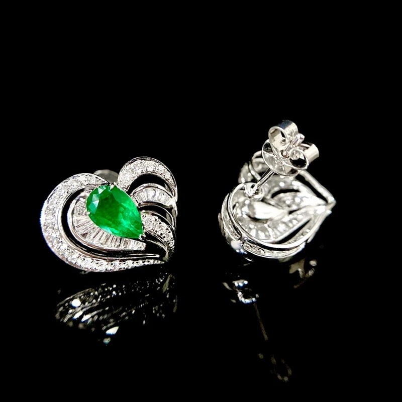 14k Gold 1.23 Ctw Vivid Green Natural Emerald & Diamond Earrings - 2