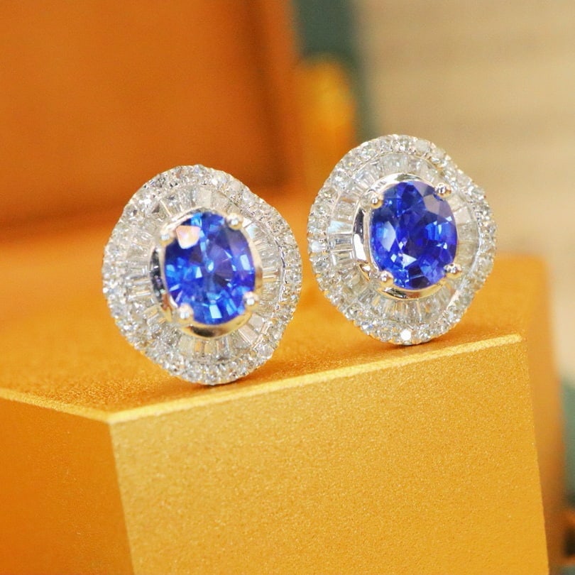 14k Gold 1.66 Ctw Natural Sapphire & Diamond Earrings - 2