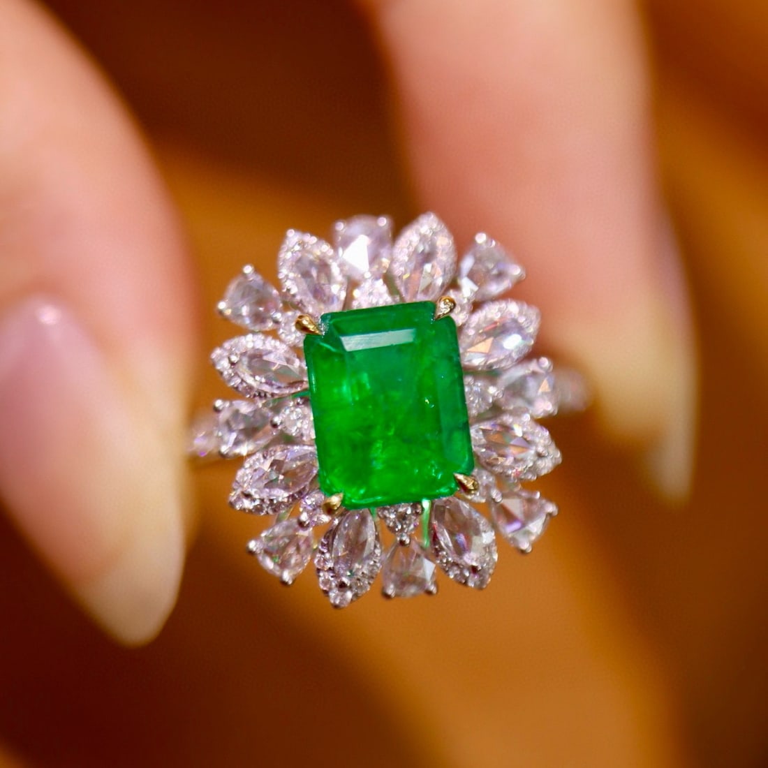 14k Gold 2.42 Ctw Vivid Green Natural Emerald & Diamond Ring: Ref:230940091 // gold content:14k gold // ring size:7. 25us // // main gemstone:emerald // shape:octagonal // carat weight:1. 61ct // color:vivid green // treatment:natural // // adjacent gemstone