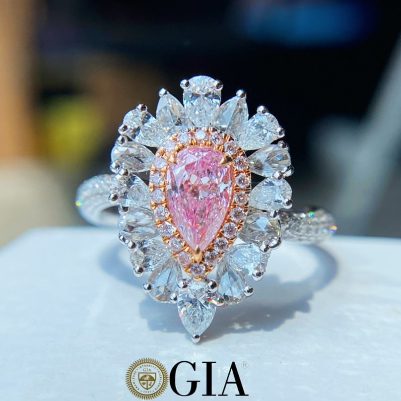 Gia Certified 14k Gold 1.66 Ctw Natural Pink Diamond & Diamond Ring: Ref:230940096 // gold content:14k gold // ring size:7. 25us // // main gemstone:pink diamond // certified:gia // shape:pear // carat weight:0. 54ct // clarity grade:si2 // color:pink //