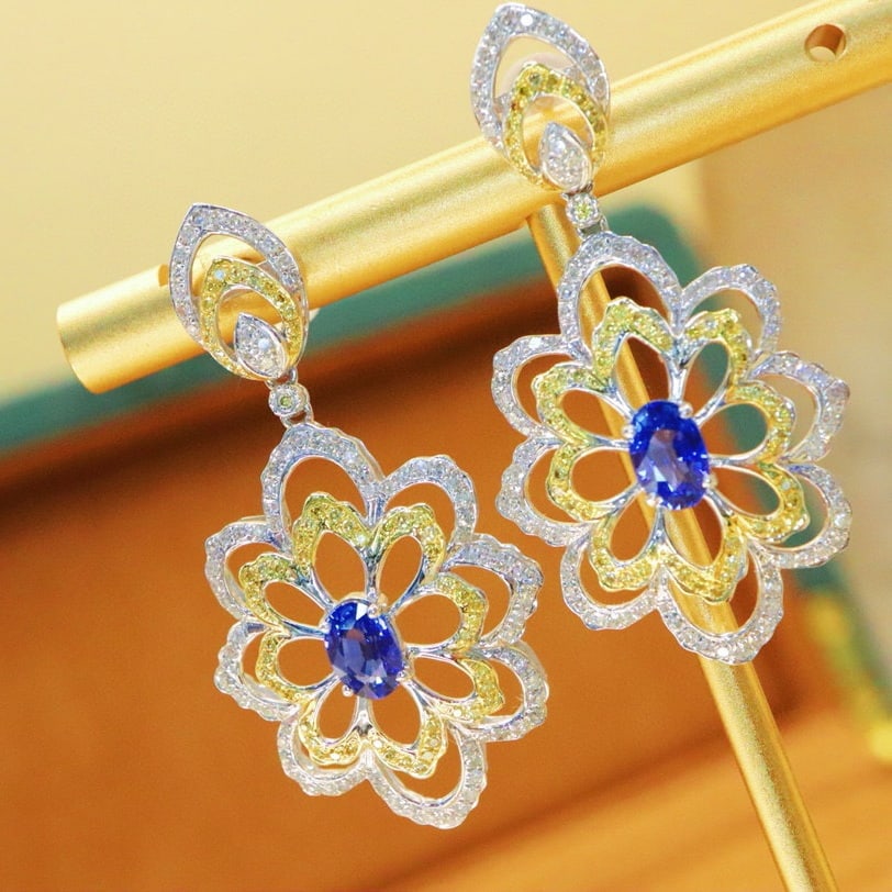 14k Gold 2.60 Ctw Natural Sapphire & Diamond Earrings - 3