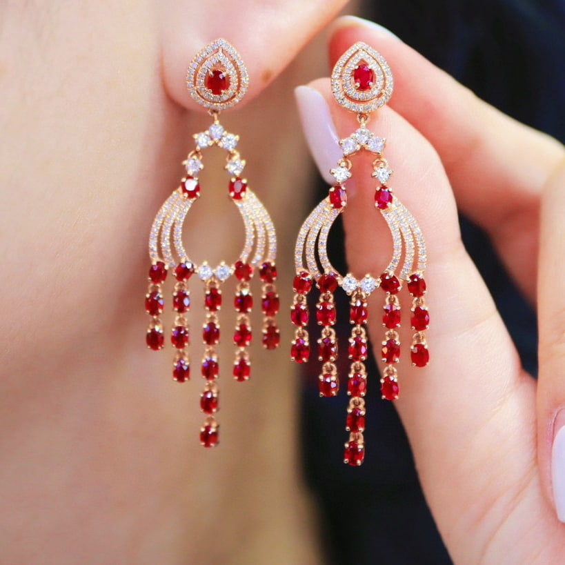 14k Gold 5.13 Ctw Natural Ruby & Diamond Earrings - 5