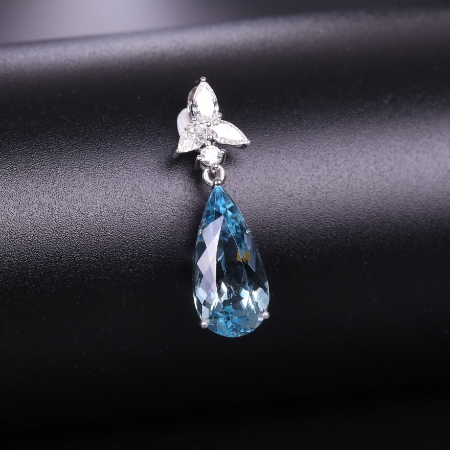 14k Gold 2.94 Ctw Natural Aquamarine & Diamond Pendant( Without Chain ) - 2