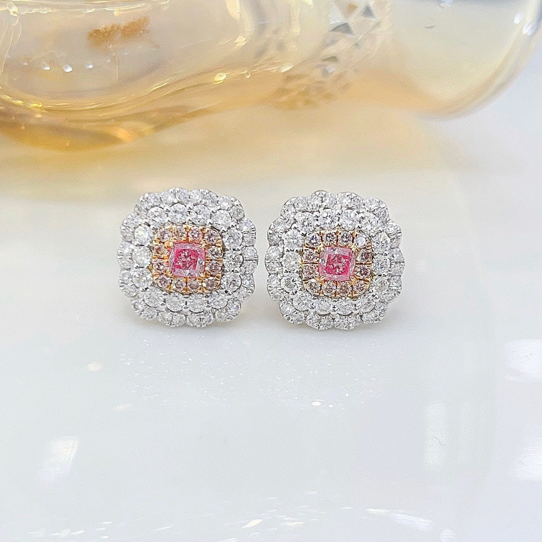 14k Gold 1.62 Ctw Natural Pink Diamond & Diamond Earrings: Ref:230940128 // gold content:14k gold // main gemstone:pink diamond // shape:cushion // carat weight:0. 36ct // color:pink // treatment:natural // // adjacent gemstone 2 : diamond // shape:round // c