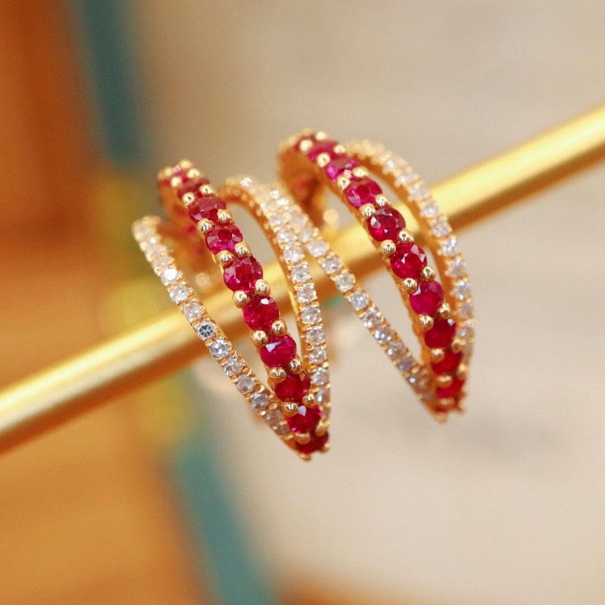 14k Gold 0.91 Ctw Natural Ruby & Diamond Earrings - 2
