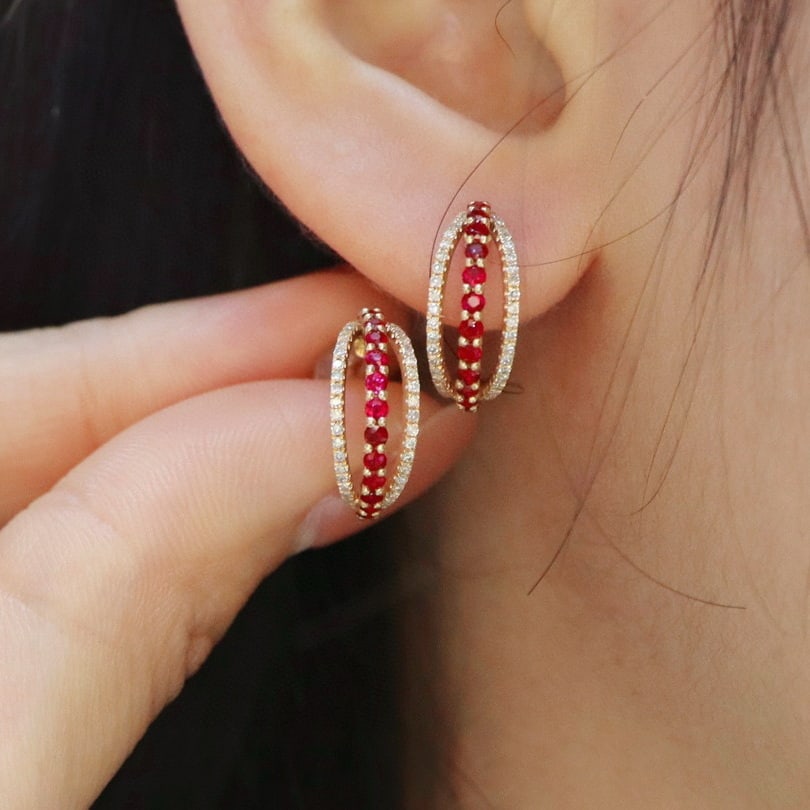 14k Gold 0.91 Ctw Natural Ruby & Diamond Earrings - 6