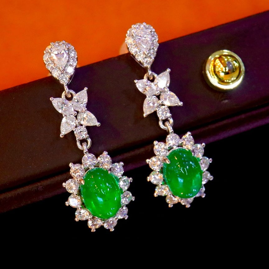 14k Gold 4.40 Ctw Vivid Green Natural Emerald & Diamond Earrings - 2