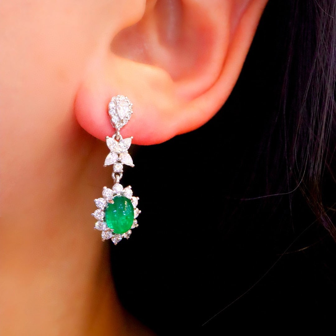 14k Gold 4.40 Ctw Vivid Green Natural Emerald & Diamond Earrings - 5