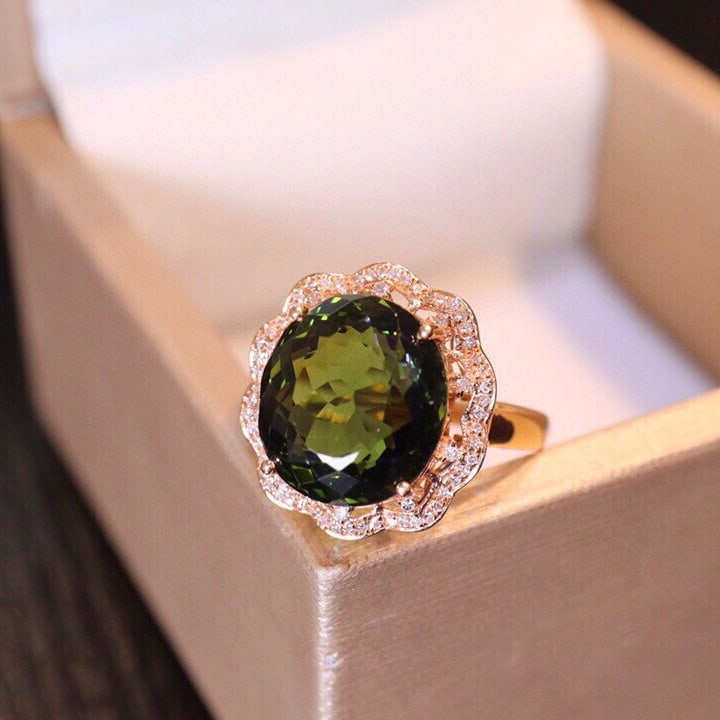 14k Gold 8.84 Ct Natural Tourmaline & Diamond Ring - 2