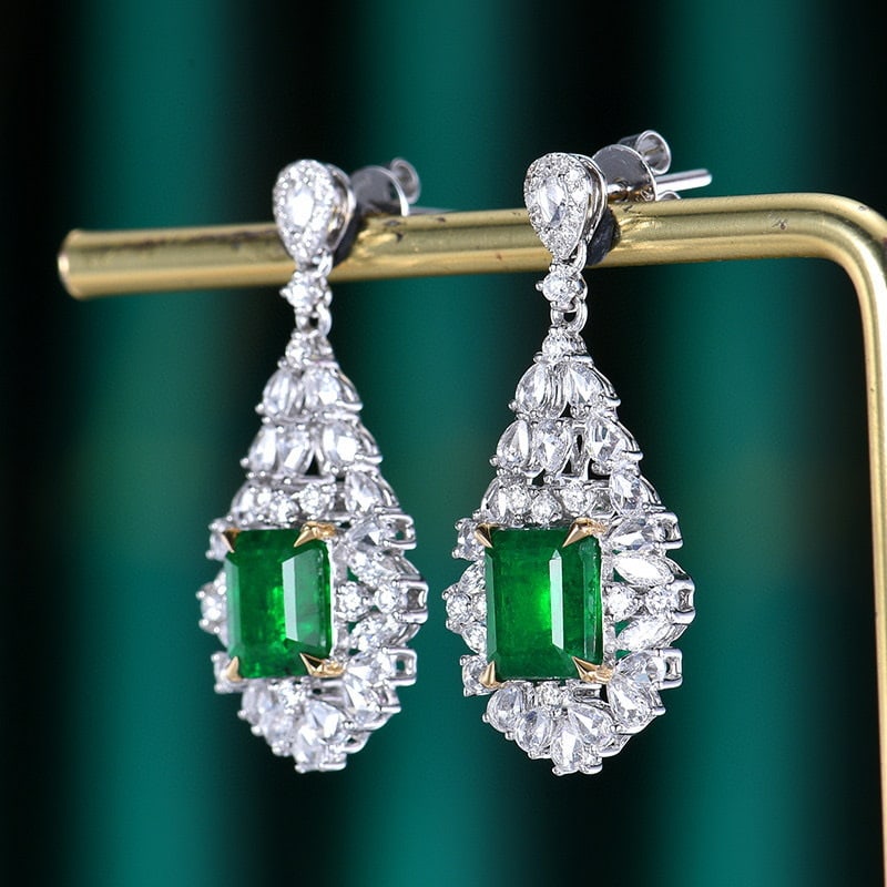 14k Gold 4.46 Ctw Vivid Green Natural Emerald & Diamond Earrings - 2