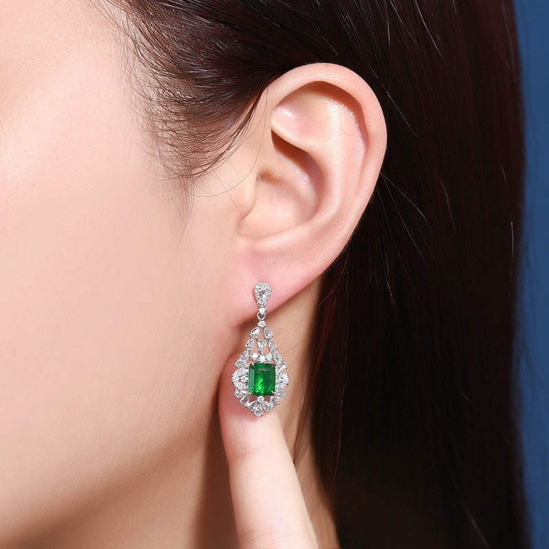 14k Gold 4.46 Ctw Vivid Green Natural Emerald & Diamond Earrings - 7