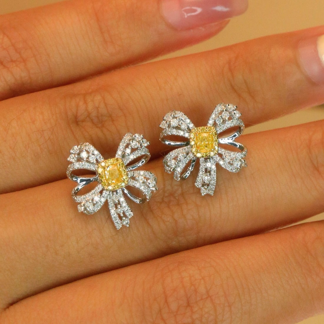 14k Gold 0.86 Ctw Natural Yellow Diamond & Diamond Earrings - 5
