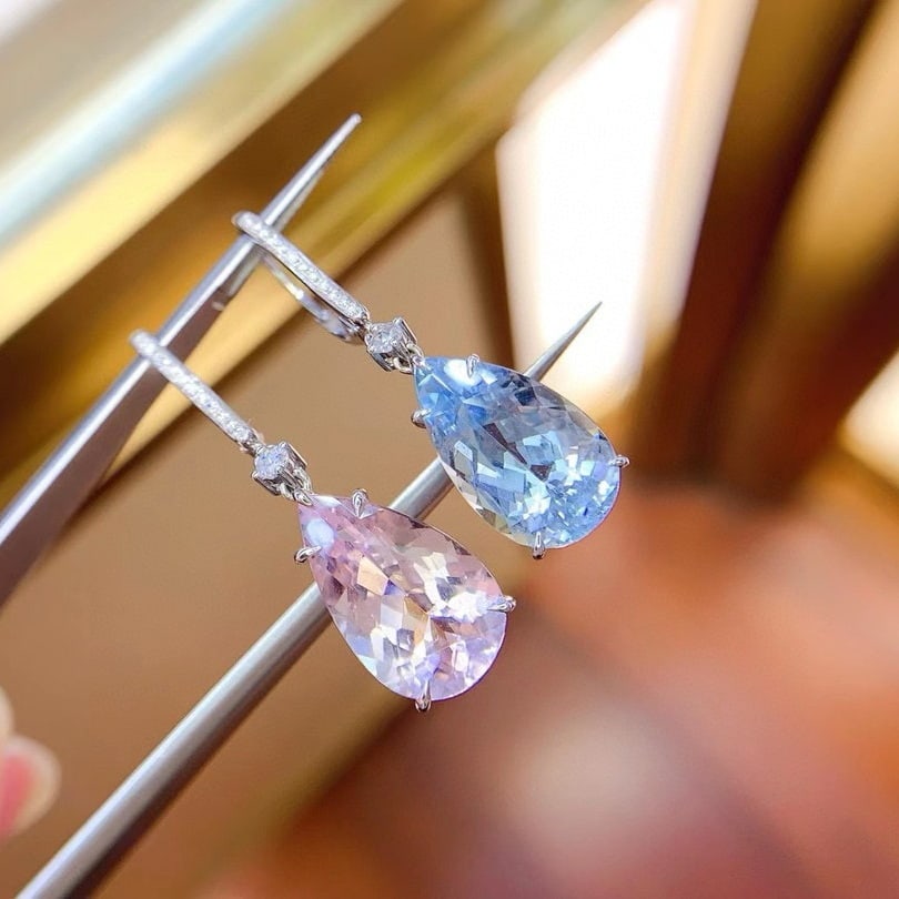 14k Gold 9.89 Ctw Natural Aquamarine & Morganite & Diamond Earrings - 4
