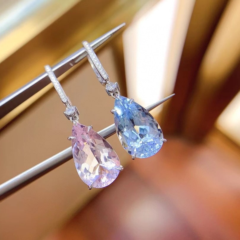 14k Gold 9.89 Ctw Natural Aquamarine & Morganite & Diamond Earrings - 5