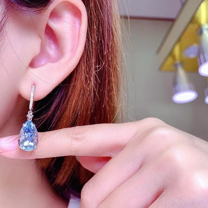 14k Gold 9.89 Ctw Natural Aquamarine & Morganite & Diamond Earrings - 8